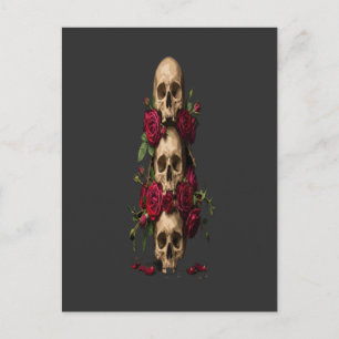 Cartão Postal Crânios Góticos em Pixel com Rosas Vermelhas Ilust