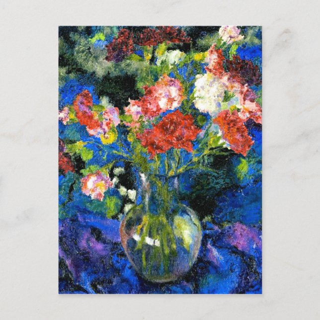 Cartão Postal Cravos num Vaso de Vidro Redondo (Frente)