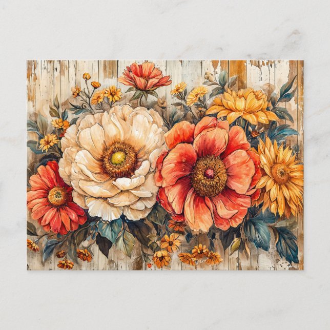 Cartão Postal Cream Peony and Orange Zinnia on Wood (Frente)