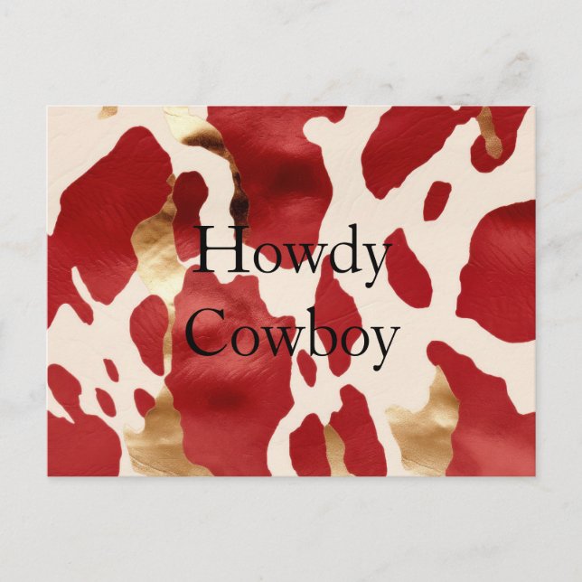Cartão Postal Cream Red Dourado Western Cowhide Howdy (Frente)