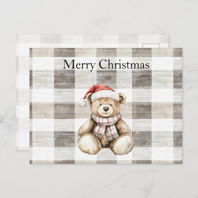Cartão Postal Creme Orgânico Tan Christmas Teddy Bear Santa Hat (Frente/Verso)