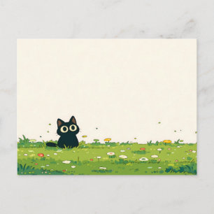 Cartão Postal Creme Vignette Kawaii Gato Preto Prado