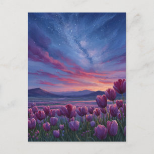 Cartão Postal Crepúsculo Estrelado Sobre Campo de Tulipas Roxas