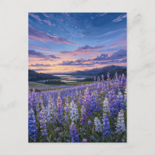 Cartão Postal Crepúsculo Estrelado Sobre o Vale de Lupino Roxo