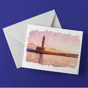 Cartão Postal Creta Grécia Arte de Pintura a Óleo do Pôr do Sol