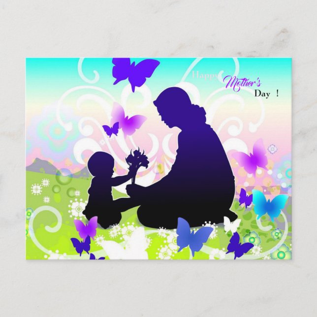 Cartão Postal criança com flores e mãe (Frente)