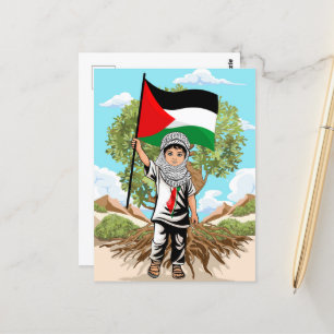 Cartão Postal Criança com Keffiyeh Palestine Flag e Olive Tree