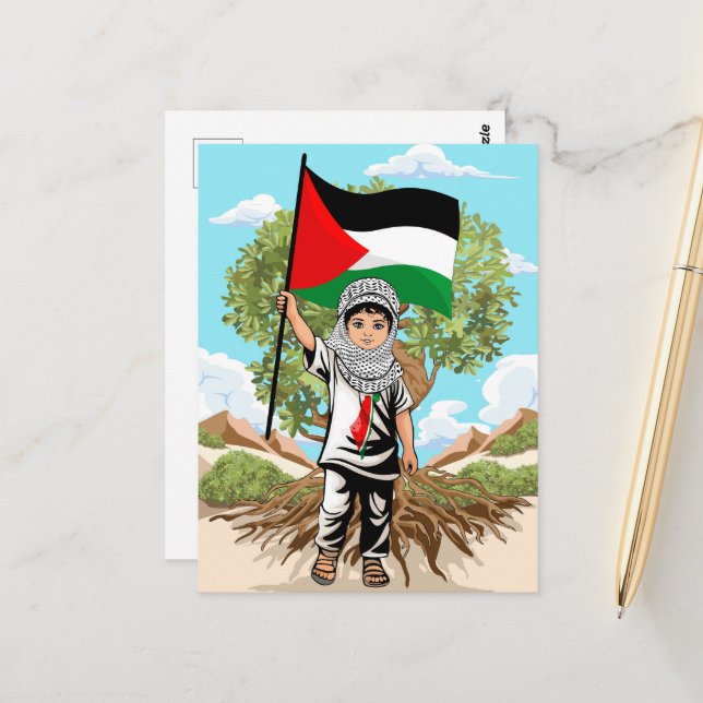 Cartão Postal Criança com Keffiyeh Palestine Flag e Olive Tree (Frente/Verso In Situ)