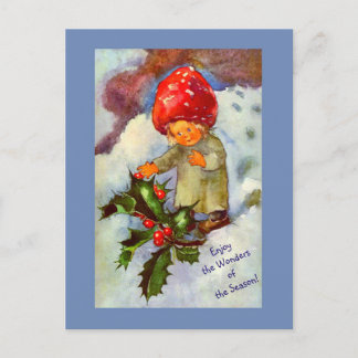 Cartão Postal Criança de Cogumelo com Neve e Holly