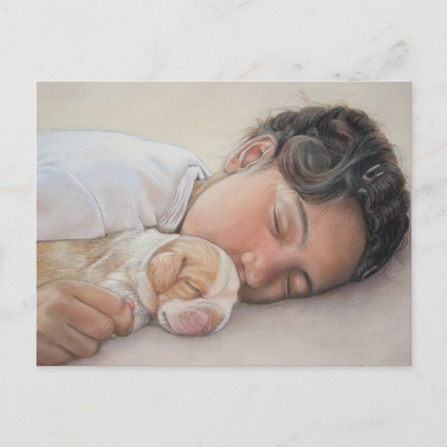 Cartão Postal criança dormindo beagle fofo cachorrinho (Frente)
