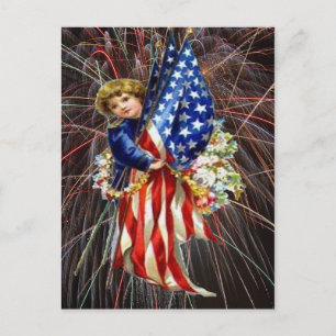 Cartão Postal Criança Patriótica Vintage e Fogos de Artifício Mo