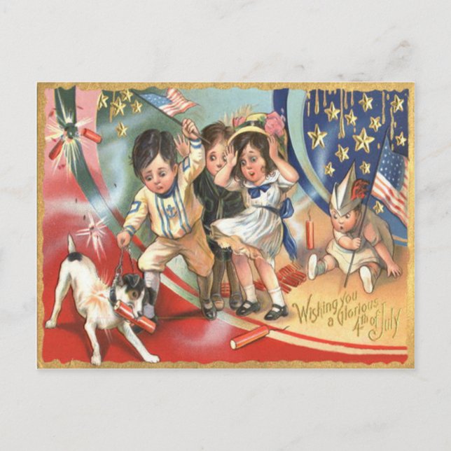 Cartão Postal Criança: US Flag Dog Fireworks (Frente)