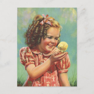 Cartão Postal Criança Vintage, Sorriso Feliz, Garota com Pintin