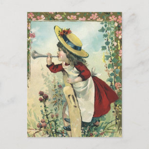 Cartão Postal Criança Vitoriana Antiga, Menina Sopra Clarim Prad