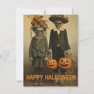 Cartão Postal Crianças assustadoras de Halloween retrô com abóbo