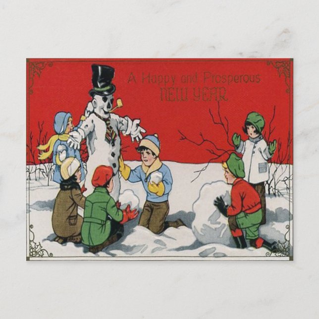 Cartão Postal Crianças Boneco de Neve Inverno Neve (Frente)