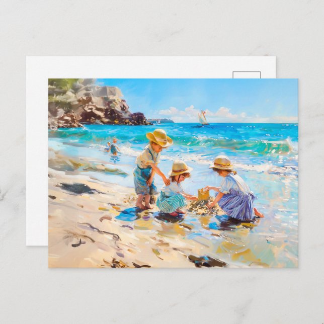 Cartão Postal Crianças Brincando na Praia - Arte Impressionista (Frente/Verso)
