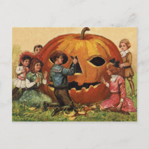 Cartão Postal Crianças Carrando Jack O Lanterna Pumpkin