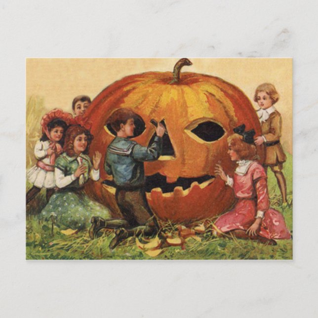 Cartão Postal Crianças Carrando Jack O Lanterna Pumpkin (Frente)