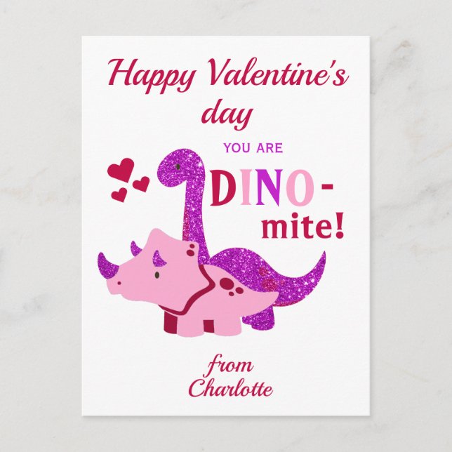 Cartão Postal Crianças Dia de os namorados Girly Dinosaur Dino-m (Frente)