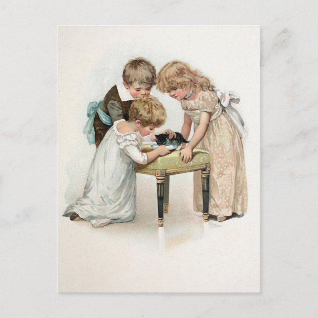 Cartão Postal Crianças e Cat Vintage (Frente)