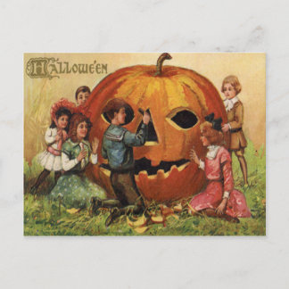 Cartão Postal Crianças Esculpindo Abóbora Jack O Lantern