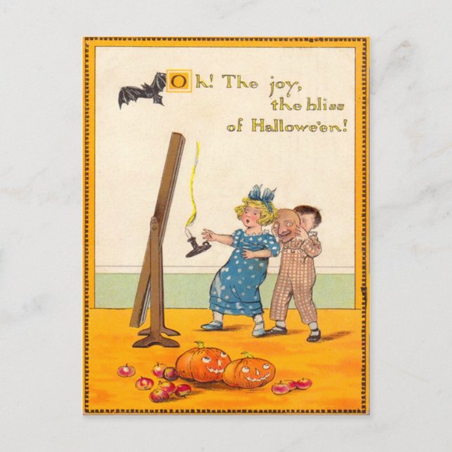 Cartão Postal Crianças Fofas Fazem Travessuras com Jack O Lanter (Frente)