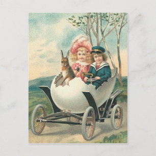 Cartão Postal Crianças Fofas Vitorianas Coelho Ovo Carro