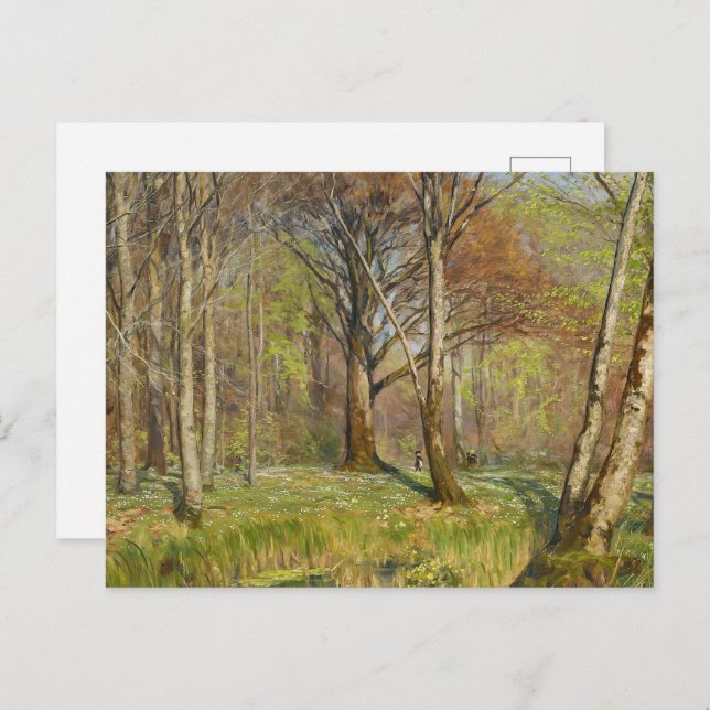 Cartão Postal Crianças na floresta primavera H.A. Brendekilde (Frente/Verso)