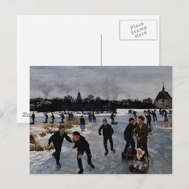 Cartão Postal "Crianças Patinando fora de Faaborg," arte fina (Frente/Verso)