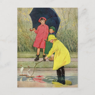 Cartão Postal Crianças Vintage Jogando Pudles Brinquedos Chuva