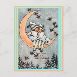 Cartão Postal Crianças-Vintage, Lua-Crescente, Aves-Neve-Inverno