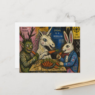 Cartão Postal Criatura Verde, Unicórnio e Coelho Comem Cenouras