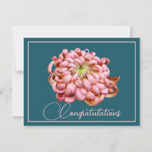 Cartão Postal Crisântemo Rosa Fundo Ciano Parabéns