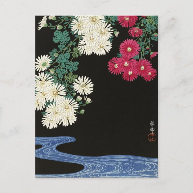 Cartão Postal Crisântemos Florais Flores Rio por Ohara Koson (Frente)