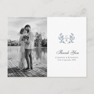 Cartão Postal Crista de Monograma Elegante Foto Casamento Azul F