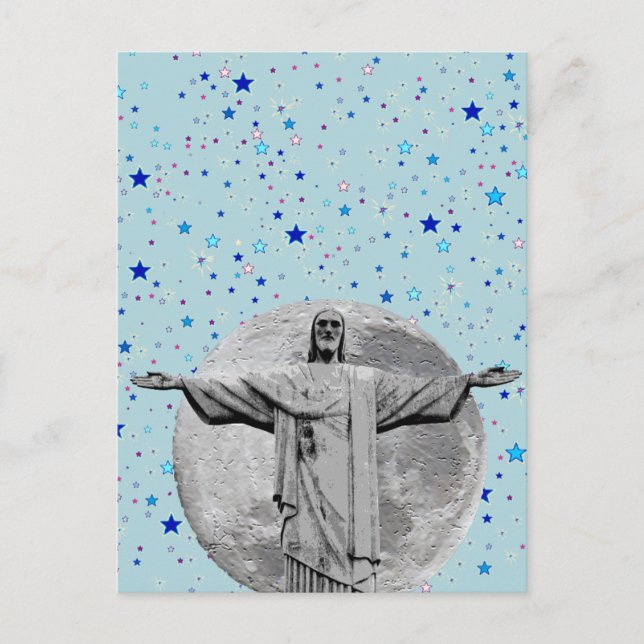 Cartão Postal Cristo Redentor, lua e estrelas azuis (Frente)
