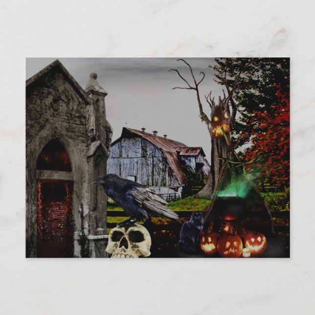 Cartão Postal *~* Crítico de Bruxas Raven HALLOWEEN (Frente)