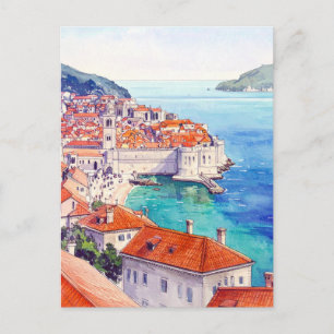 Cartão Postal Croácia Dubrovnik Coastal Vintage Watercolor