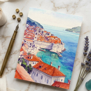 Cartão Postal Croácia Dubrovnik Costeira Aquarela Vintage