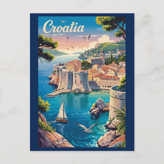 Cartão Postal Croácia Dubrovnik Ilustração Viagem Art Vintage (Frente)