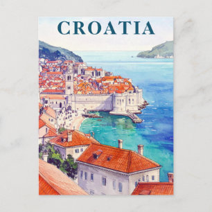 Cartão Postal Croácia Vintage Watercolor Adriatic Sea Coastline