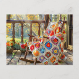 Cartão Postal Crochet Granny Square Blanket Lying on a Rocking C