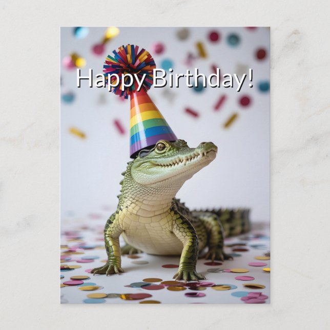 Cartão Postal Crocodile Wearing a Rainbow Birthday Party Hat (Frente)