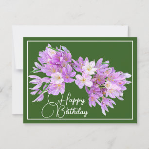 Cartão Postal Crocus Rosa/Roxo Fundo Verde Feliz Aniversário