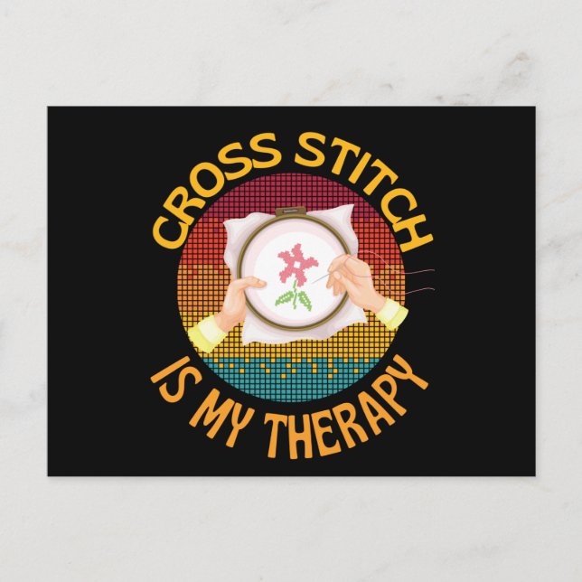 Cartão Postal Cross Stitch Is My Therapy Knitting (Frente)