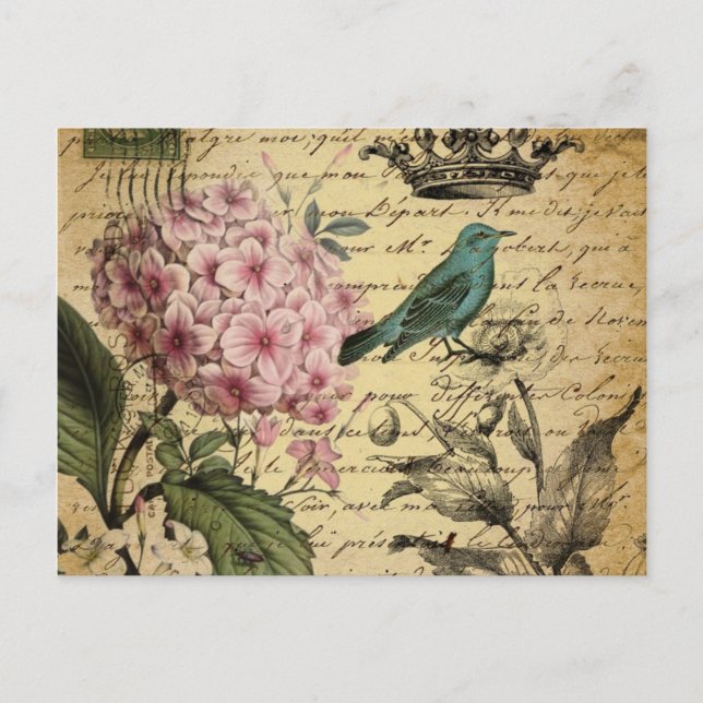 Cartão Postal crown script hydrangea bird french botanical (Frente)