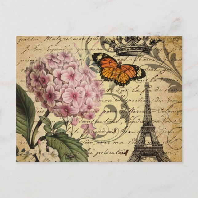 Cartão Postal crown script hydrangea bird french botanical (Frente)