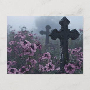 Cartão Postal Cruz de Marcador de Túmulo Gótico Flores Roxas