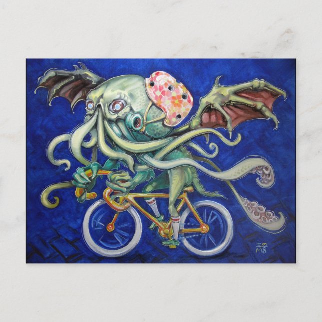 Cartão Postal Cthulhu Dirigindo Uma Bicicleta (Frente)